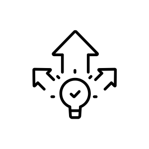 a black line drawing of a light bulb with arrows